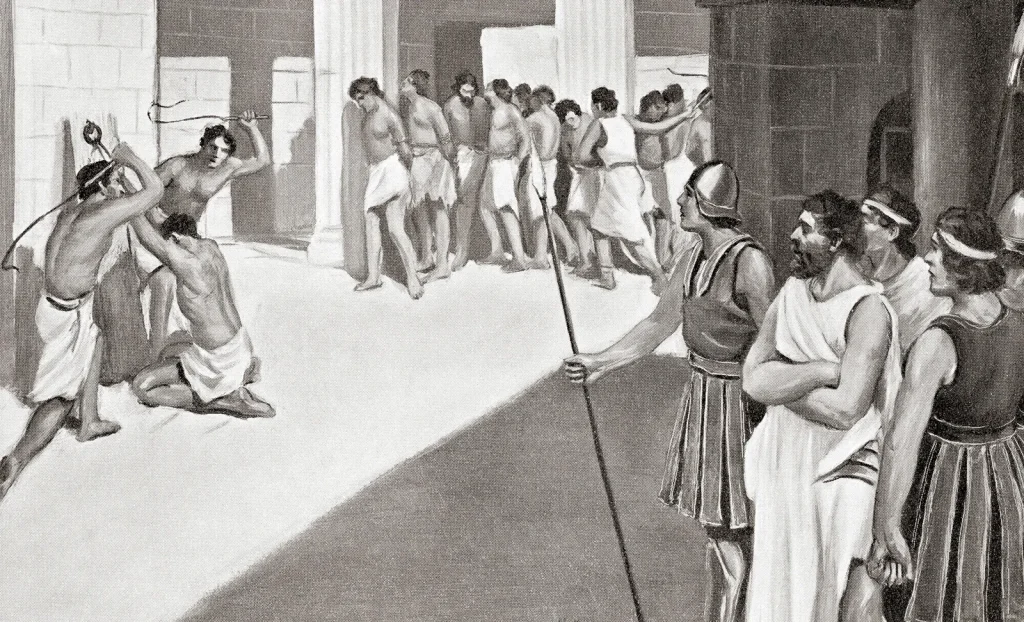 Helot slaves receiving punishment from the Spartans