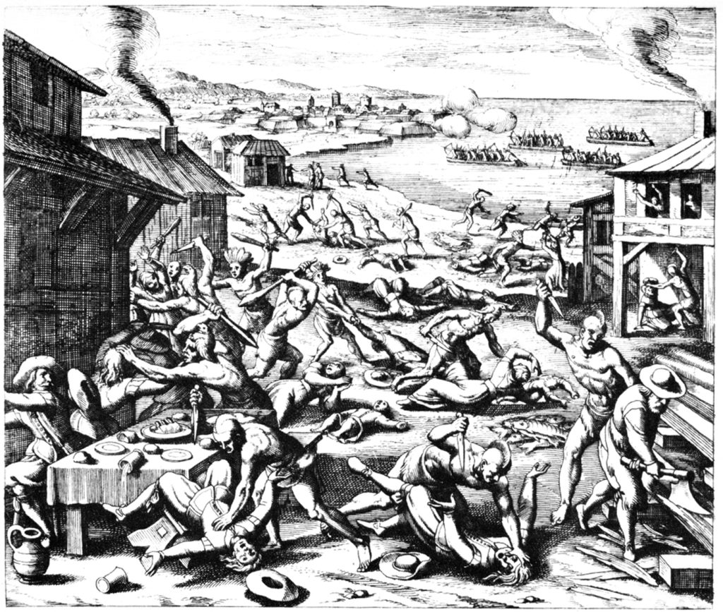 The so-called Indian Massacre of 1622 at Jamestown. This was a response to colonial expansion and displacement of the natives from their land.